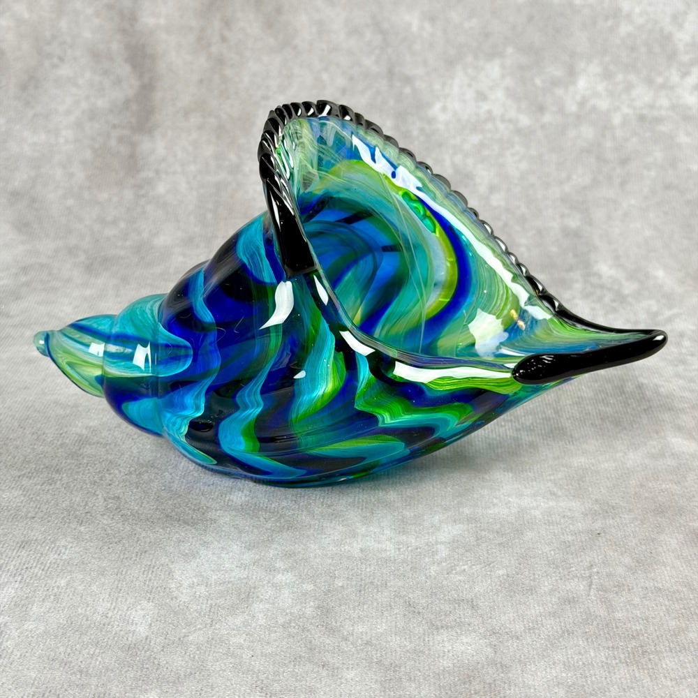 Hand Blown Art Glass Conch Shell Figurine Blue Green Swirl Coastal Decor